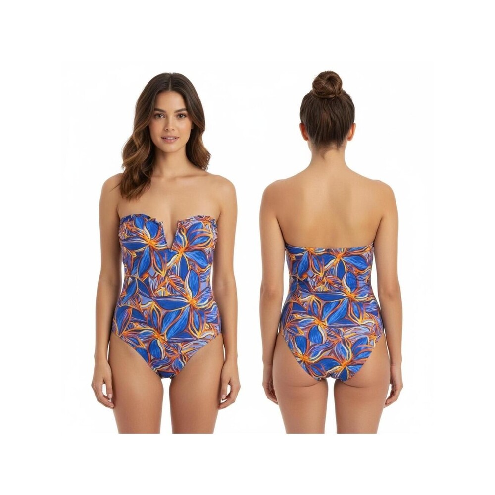 Floral Print Strapless One Piece Swimsuit Blue Orange - Size Unknown